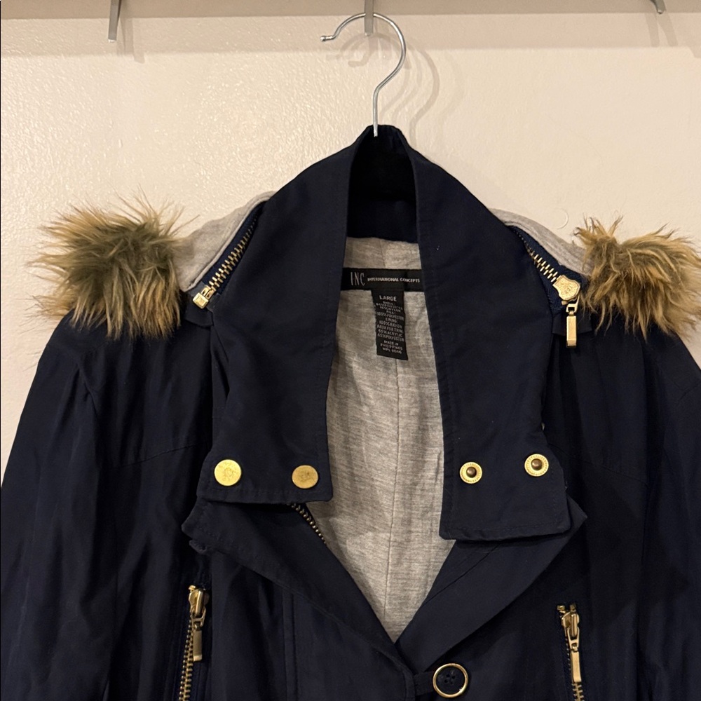 INC International Concepts Women's Navy Jacket with Faux Fur Trim